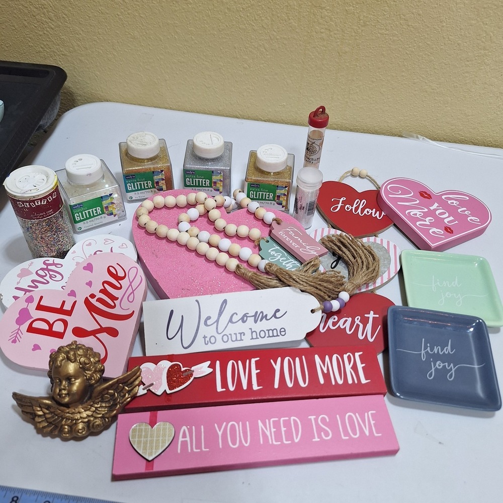 Valentine's Day Decor Craft Lot Wood Heart Signs Beads Glitter Cherub Love